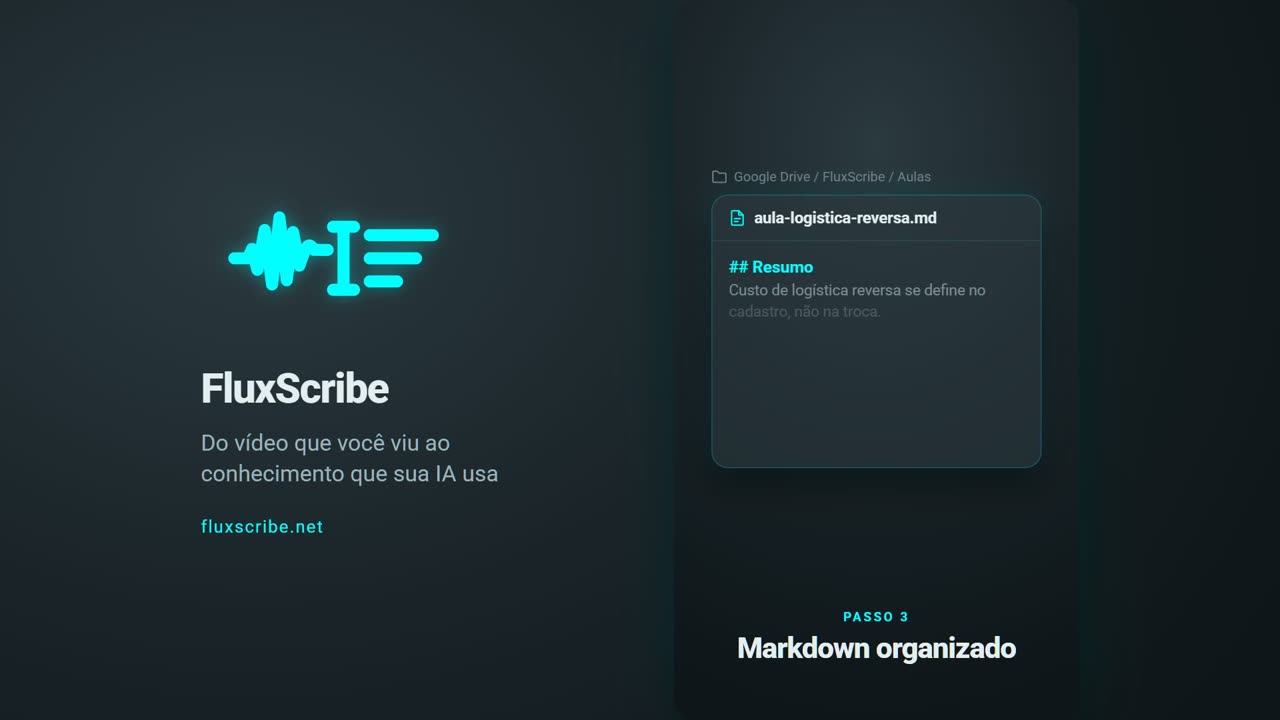 Prévia do vídeo de divulgação do FluxScribe: tela do app mostrando um arquivo markdown organizado no Google Drive, gerado a partir de uma gravação.
