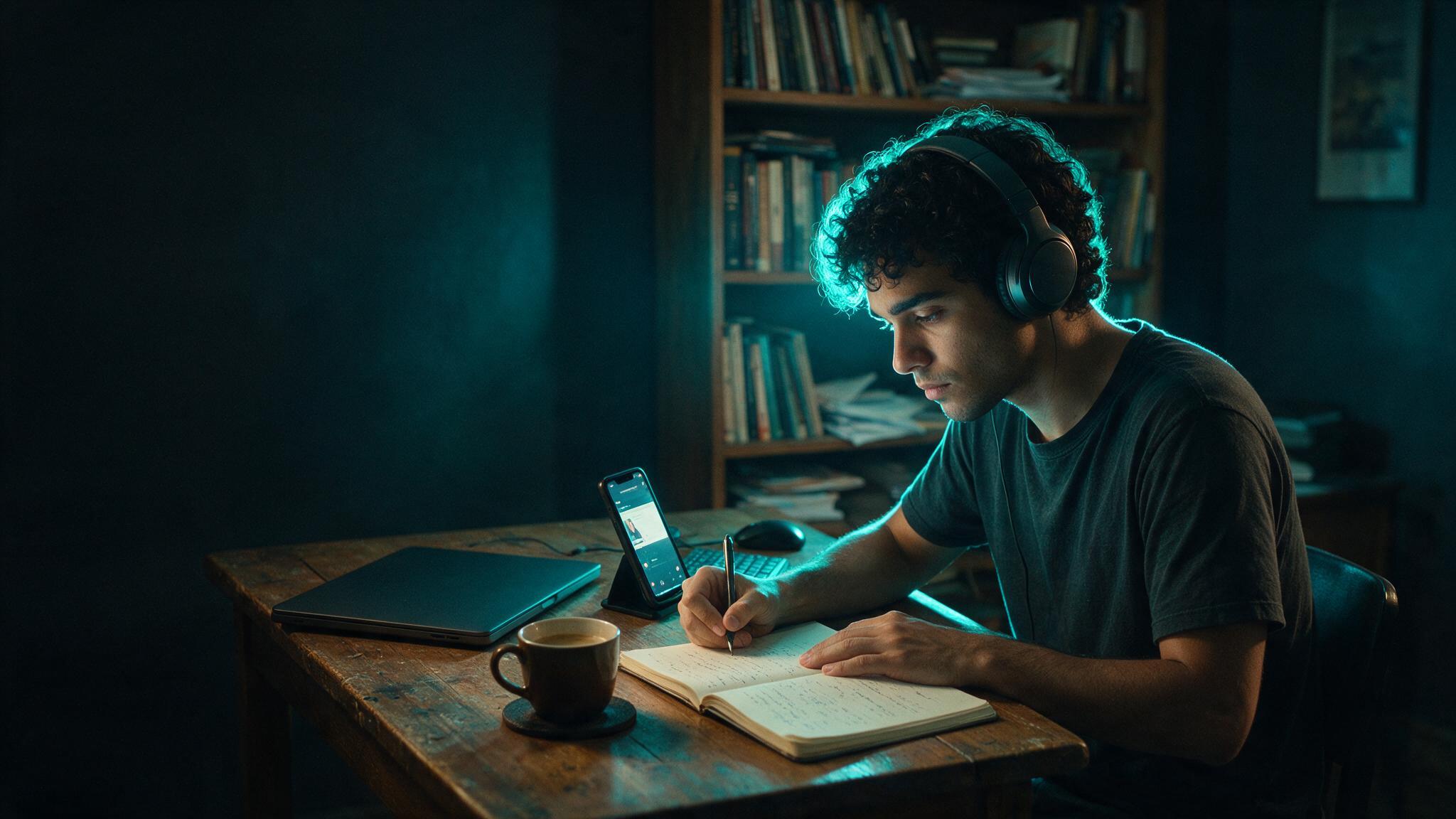 Pessoa estudando à noite com anotações e o celular ao lado, iluminada pela luz ciano da tela.