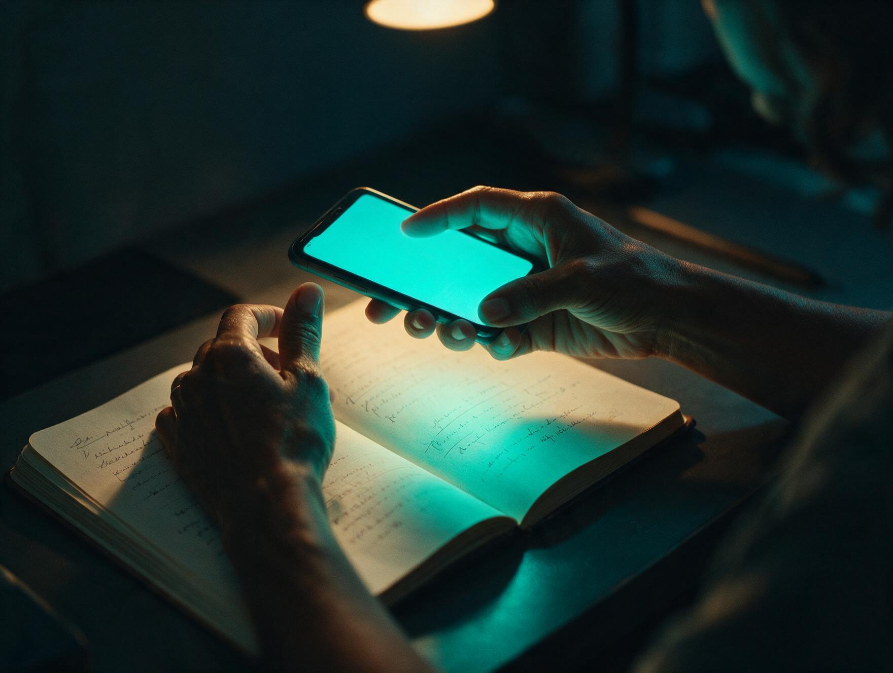 Mãos escrevendo anotações num caderno ao lado do celular, luz ciano da tela, representando o registro manual que o FluxScribe substituiu.