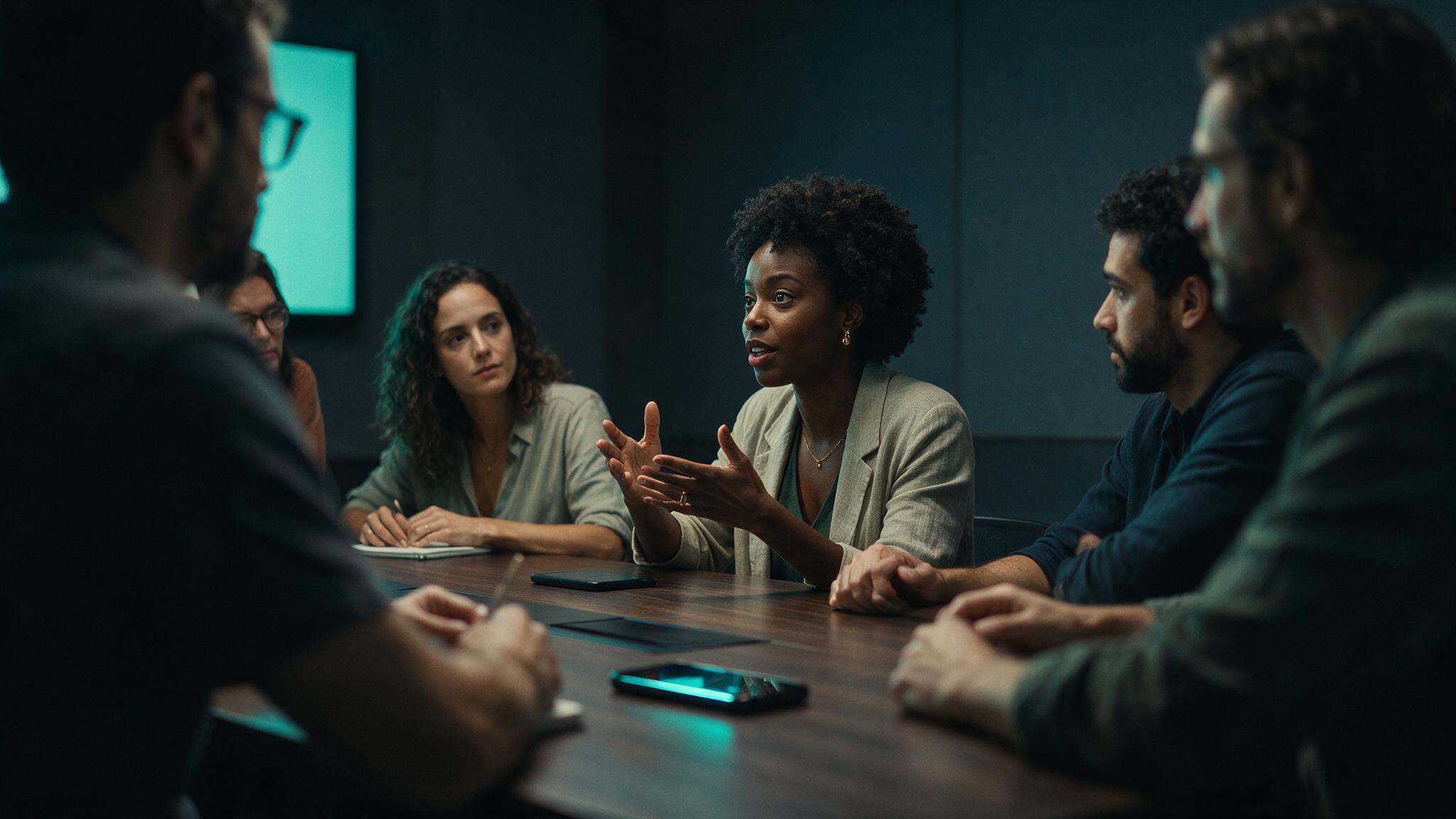 Pessoa em uma reunião de trabalho segurando o celular no viva-voz sobre a mesa, com luz ciano refletida no rosto.